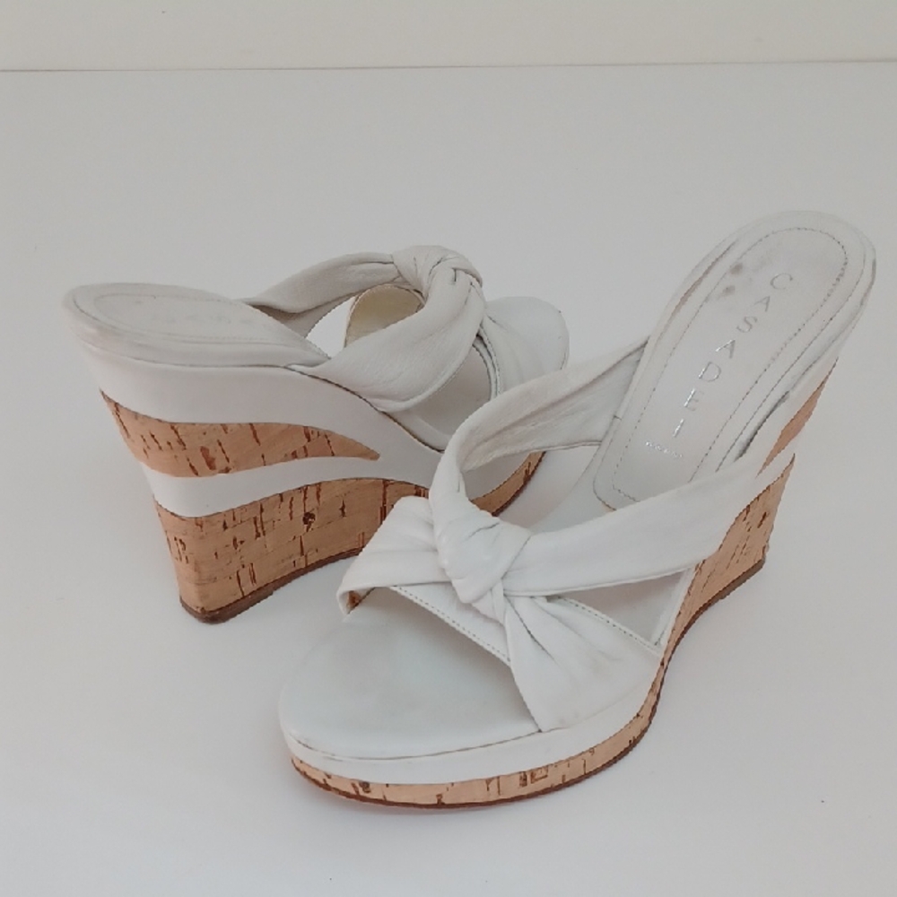 Rare** Casadei Italian White Leather Knotted Cork Wedge Sandal ** SZ 6